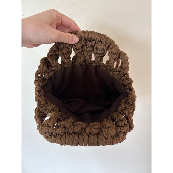 Macrame Purse Brown Handmade Handbag Lined Vtg 70's Circular Teak Handles - Picture 3 of 4